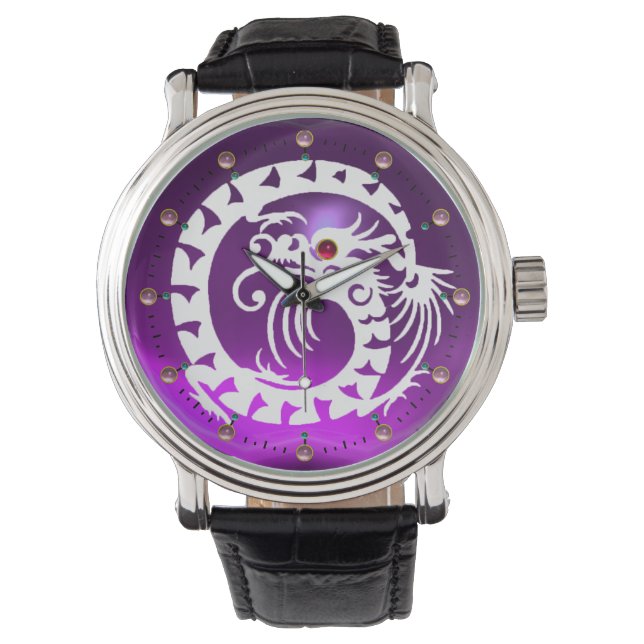Montre DRAGON DE NAKE BLANC Améthyste violet noir, Gemmes (devant)