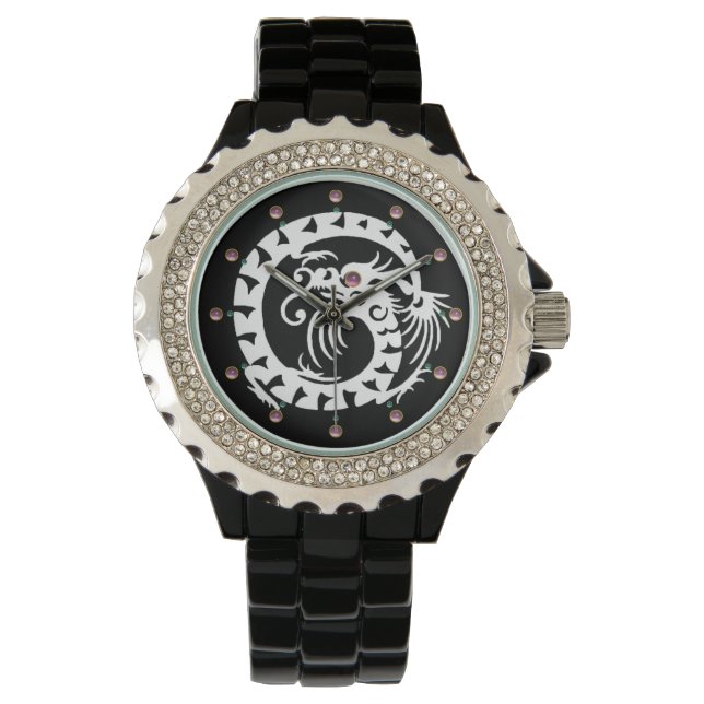Montre DRAGON DE NAKE BLANC Noir, Pierres roses (devant)