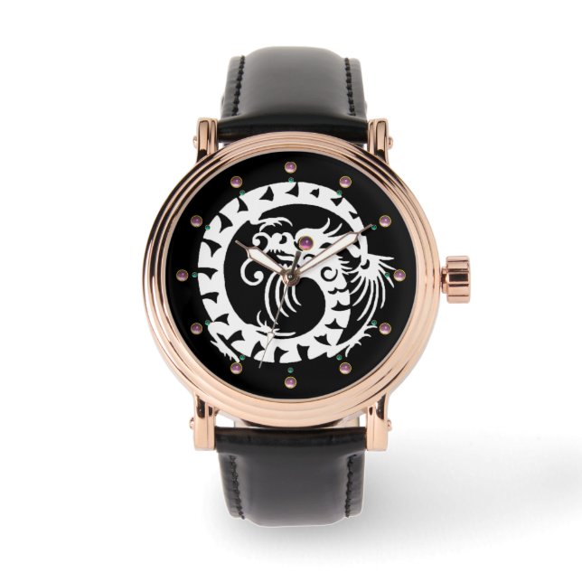 Montre DRAGON DE NAKE BLANC Noir, Pierres roses (Recto)