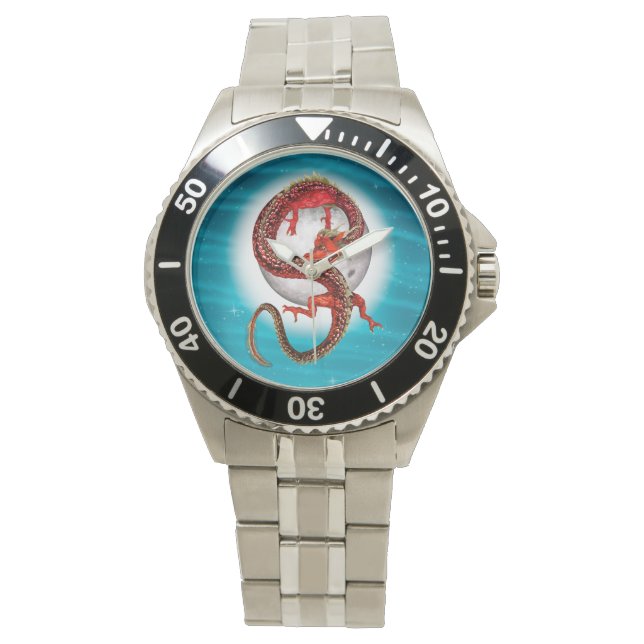 Montre Dragon Lune Rouge Fantastique Artistique (devant)