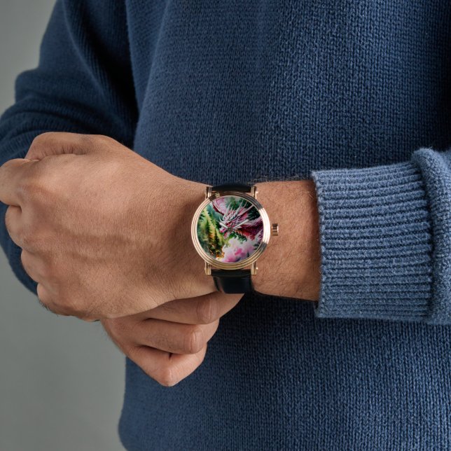 Montre Dragon respirant le feu vibrante écailles roses (Poignet)