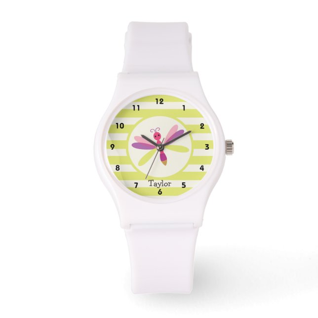 Montre Dragonfly rose et violet sur les bandes vertes de  (Recto)