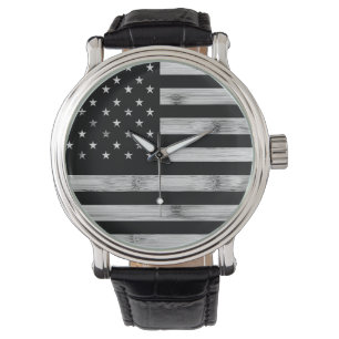 Montre Drapeau américain Bois rustique Noir Blanc Patriot