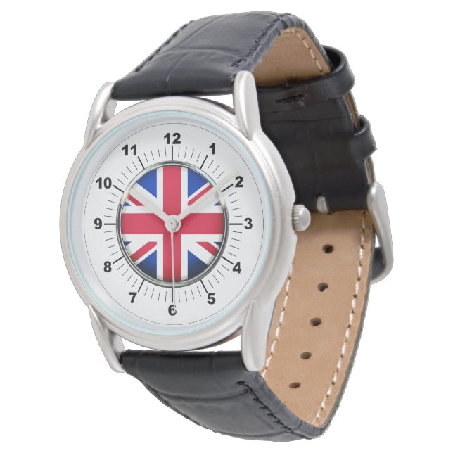 Montre Drapeau britannique noir bracelet en cuir pour hom (Incliné)