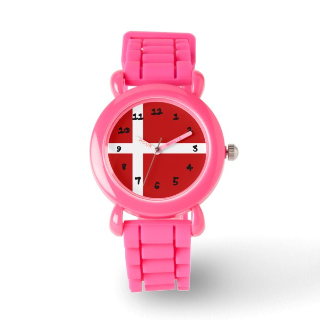 Montre Drapeau danois Dannebrog rouge blanc noir chiffres (Recto)