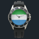 Montre Drapeau de la Sierra Leone<br><div class="desc">Ce dessin présente le drapeau national de la Sierra Leone (officiellement connu sous le nom de République de Sierra Leone et officieusement connu sous le nom de Salone), qui est un pays sur la côte sud-ouest de l'Afrique de l'Ouest. La Sierra Leone est bordée par le Liberia au sud-est et...</div>