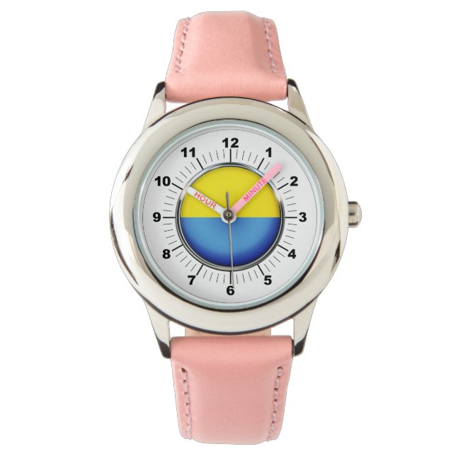 Montre Drapeau de l'Ukraine pour enfant Pink Leather Stra (devant)