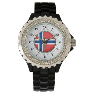 Montre Drapeau de Norvège féminin Rhinestone Black Enamel