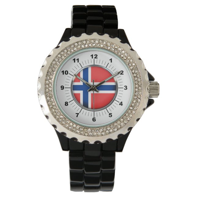 Montre Drapeau de Norvège féminin Rhinestone Black Enamel (devant)