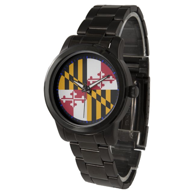 Montre Drapeau d'État du Maryland Design à cadran bleu (Incliné)