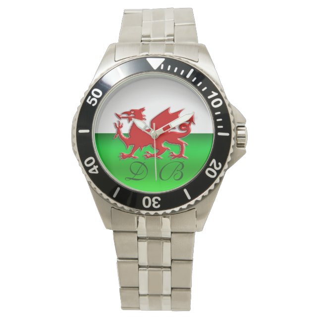 Montre Drapeau gallois, dragon en relief, effet chrome (devant)