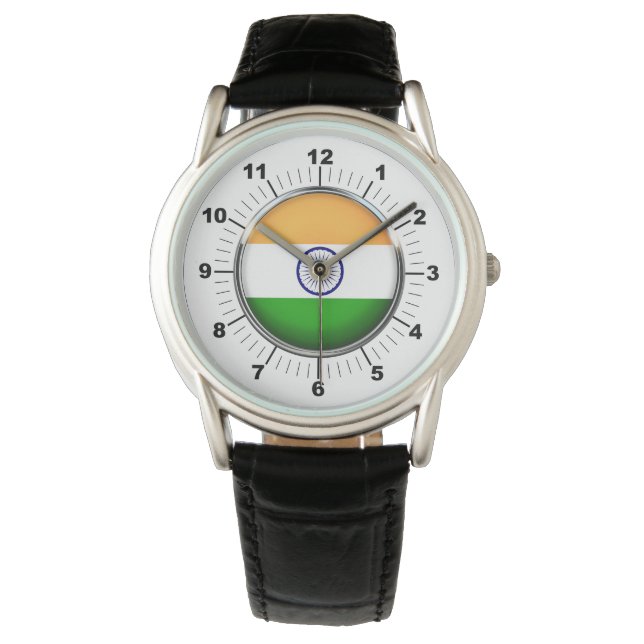 Montre Drapeau Inde Hommes bracelet en cuir noir (devant)