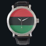 Montre Drapeau rouge, noir et vert<br><div class="desc">Les 3 couleurs panafricaines sur le drapeau représentent : le rouge : le sang qui unit tous les peuples d'ascendance africaine noire, et versé pour la libération ; le NOIR : les noirs dont l'existence en tant que nation, bien qu'elle ne soit pas un État-nation, est affirmée par l'existence du...</div>