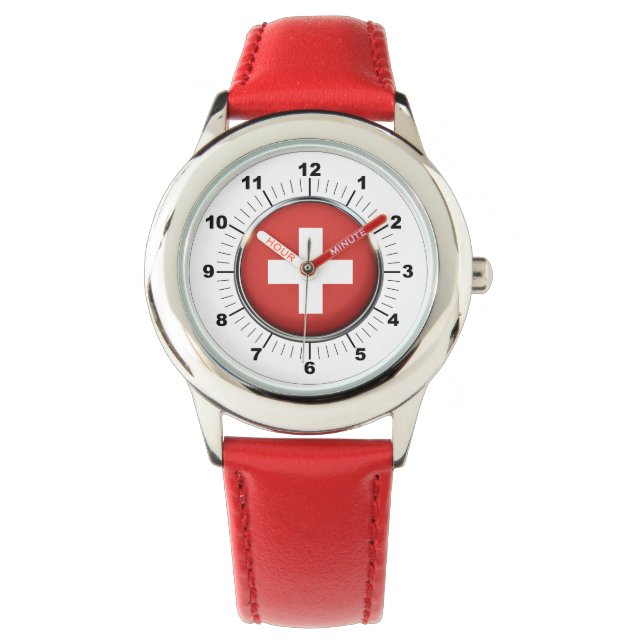 Montre Drapeau suisse de l'enfant - Numéro rouge ajustabl (devant)