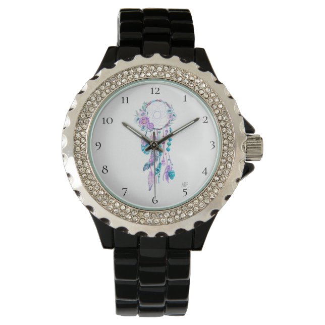 Montre *~* Dreamcatcher Boho Fleurs de perles de plume Tr (devant)