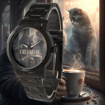 Montre Drôle Café Caturday<br><div class="desc">Montre artistique représentant une peinture d'un chat grincheux prenant un café. Ajoutez vos propres textes drôles ou autres.</div>