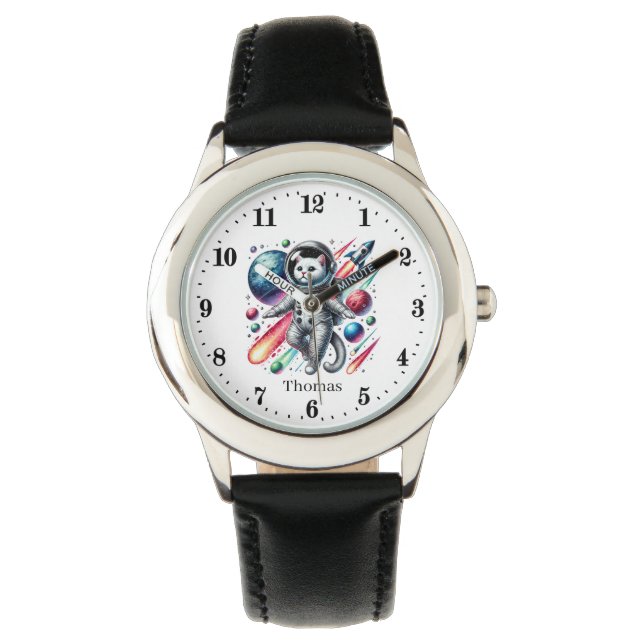 Montre Drôle espace chat ajouter nom garçons (devant)
