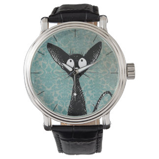 Montre Drôle mignon Chat Noir Art sur Blue Damask