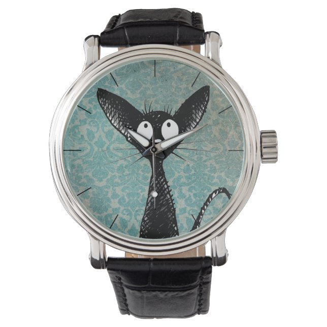 Montre Drôle mignon Chat Noir Art sur Blue Damask (devant)