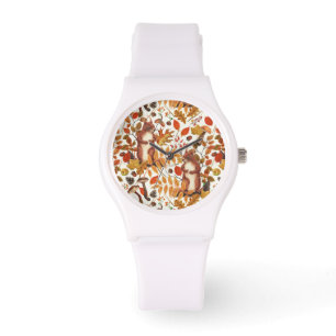 Montre Écureuils d'automne et flore automnale sur le blan