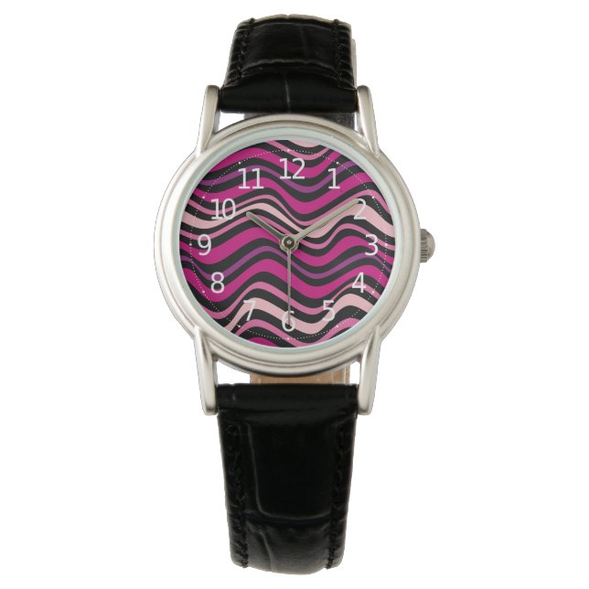 Montre Élégant Abstrait rose Vagues Motif | (devant)
