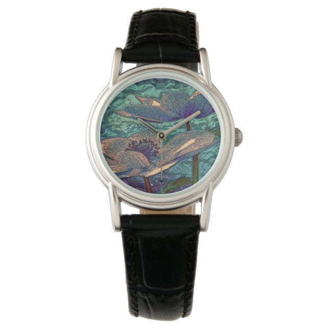 Montre Elégant Art Joli Bleu Métallisé Fleurs (devant)