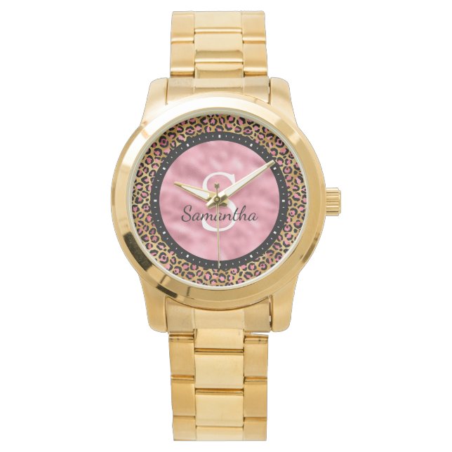 Montre Élégant Black Gold Pink Foil Nom léopard Monogramm (devant)