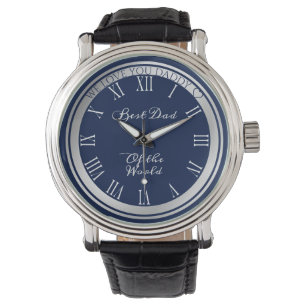 Montre Elégant Bleu foncé Bordure Argent Meilleur Papa 