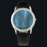 Montre Élégant bleu monogramme brossé métal<br><div class="desc">Elégant Monogramme Bleu Personnalisé Refroidi Metallic Watch.</div>