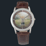 Montre Élégant bois rustique Nom personnalisé Photo<br><div class="desc">Un cadeau parfait pour garder un souvenir pour le meilleur papa de tous les temps ! Cette montre rustique moderne présente une photo préférée avec votre nom personnalisé sur un panneau en bois brun foncé en arrière-plan.</div>