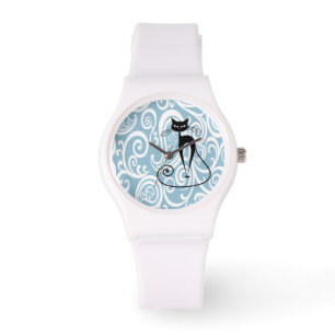 Montre Élégant chat noir doux motif floral