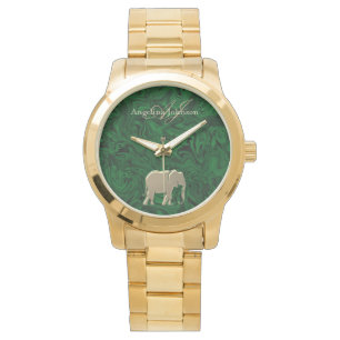 Montre Élégant Éléphant en Or Émeraude Monogramme Vert