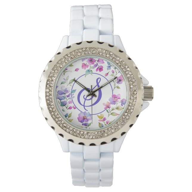 Montre Élégant fleurs sauvages d'aquarelle rose violet (devant)