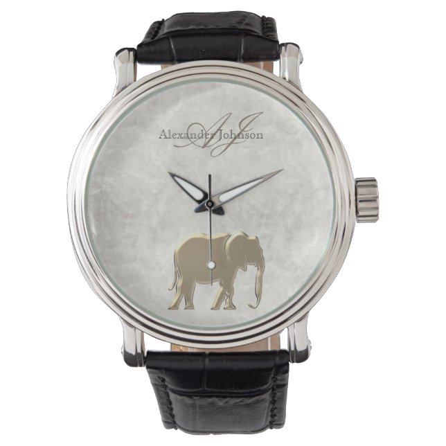 Montre Élégant Marbre blanc et Eléphant Or Monogramme (devant)