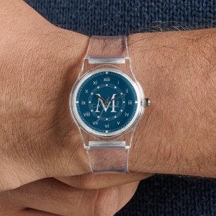 Montre élégant monogramme bleu chic Silicone Strap Clear
