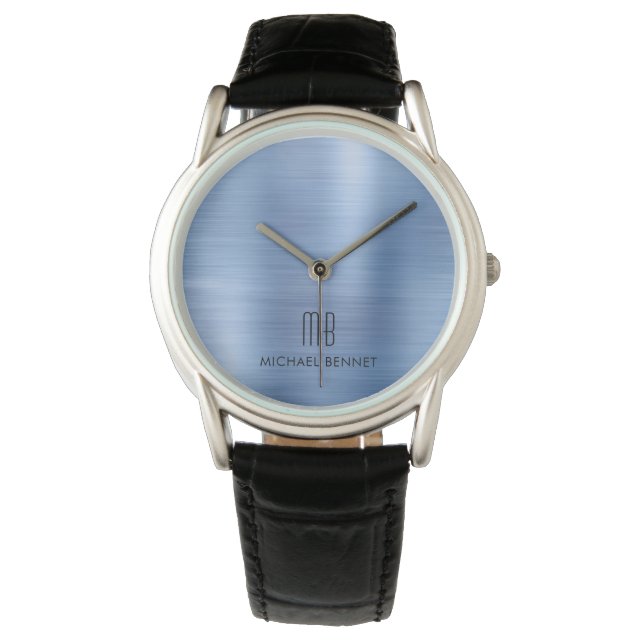Montre Élégant Monogramme Bleu Métal Brossé (devant)