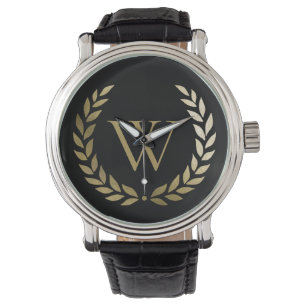 Montre Élégant monogramme de couronne de laurier d'or noi