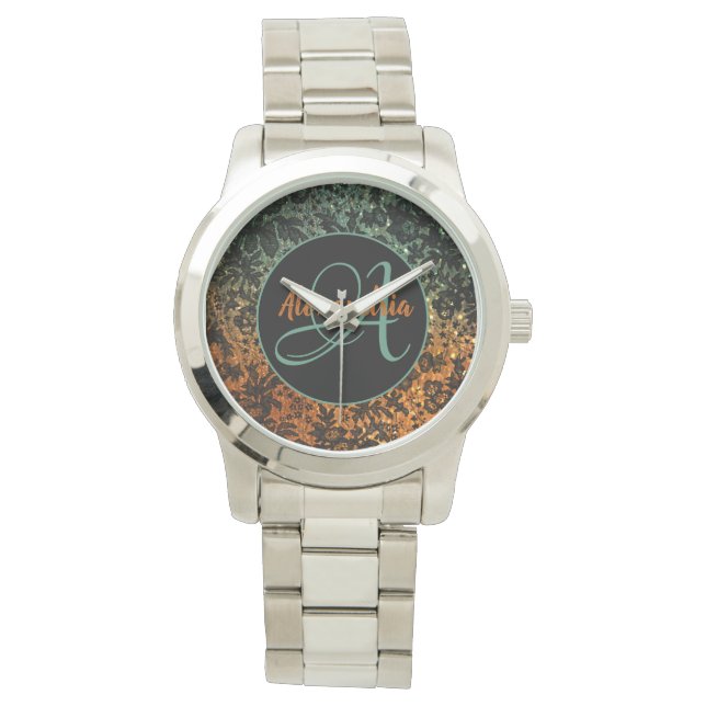 Montre Élégant Monogramme floral orange et vert noir (devant)