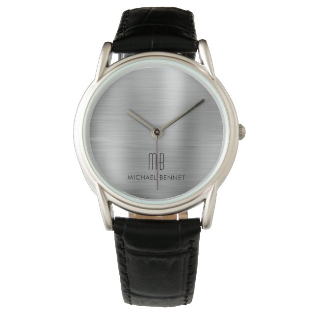Montre Élégant Monogramme Gris Argent Brossé Métallique (devant)