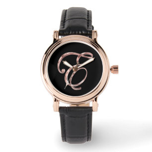 Montre Élégant Monogramme Initial E Black Rose Gold