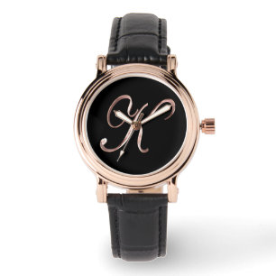 Montre Élégant Monogramme initial K noir Rose or