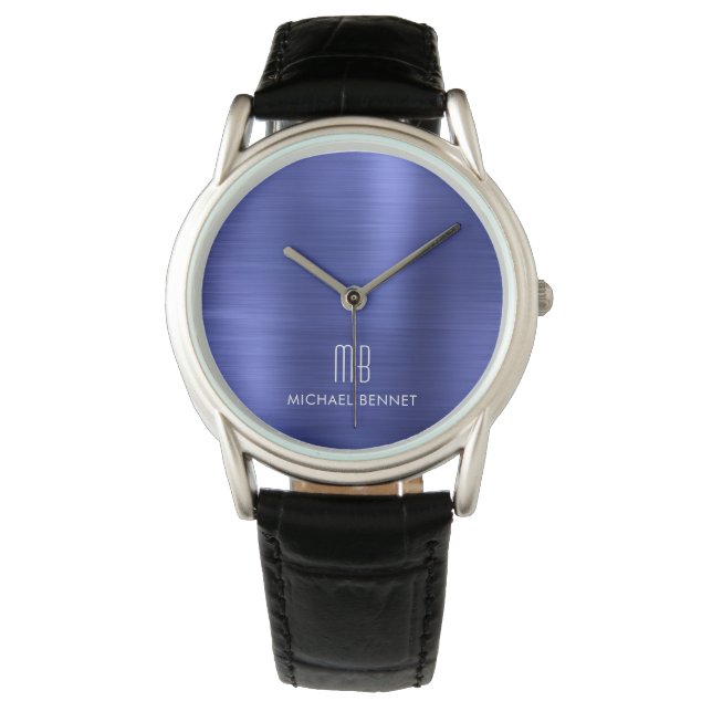 Montre Élégant Monogramme Marine Bleu Brossé Métal (devant)