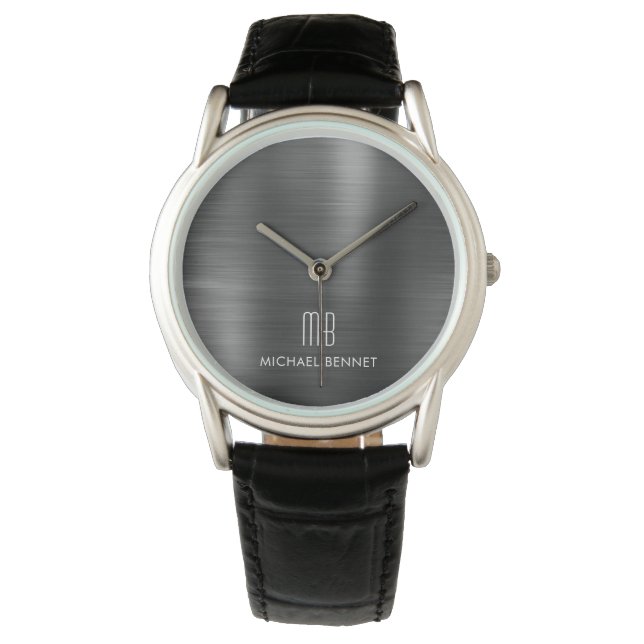 Montre Élégant Monogramme Noir brossé Métallique (devant)