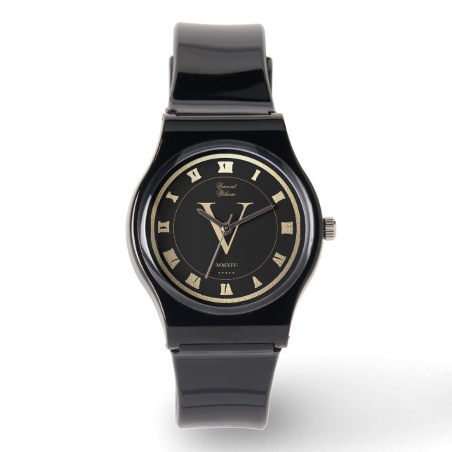Montre Élégant Monogramme Roman Black Faux Gold (Recto)