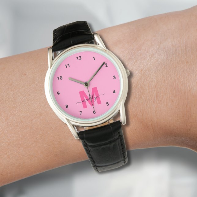 Montre Élégant Monogramme rose minimaliste (Elegant Minimalist Pink Monogram Watch)