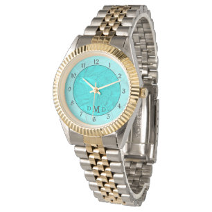 Montre Élégant Monogramme Turquoise Faux Foil