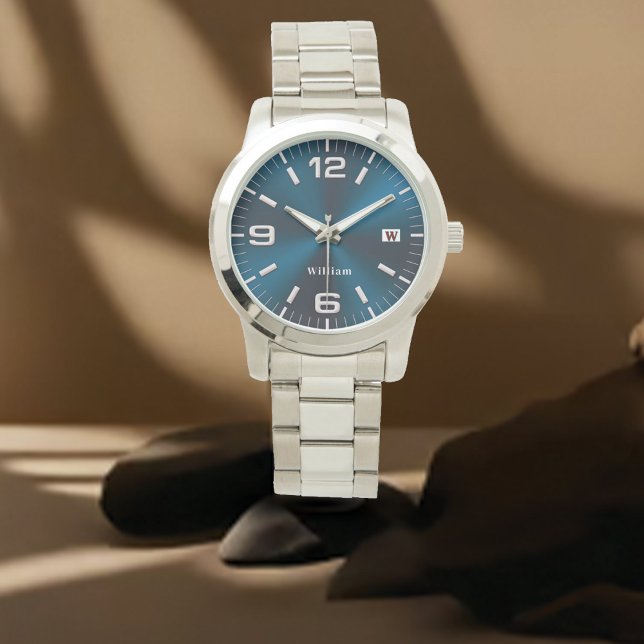 Montre Elegant Monogrammed Blue Brushed Metallic (Créateur téléchargé)