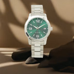 Montre Elegant Monogrammed Green Brushed Metallic<br><div class="desc">Elegant Monogrammed Green Brushed Metallic. This elegant and modern watch is designed with name script typography paired with white typography in black on a chic Green Brushed Metallic background and has space for you to write your name, The monogram name can easily be personalized to make a design as unique,...</div>