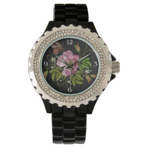 Montre Élégant Motif de broderie florale sur noir noir