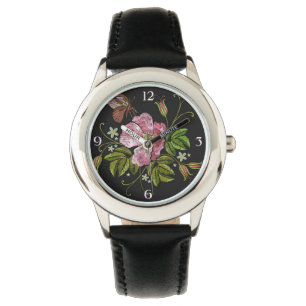 Montre Élégant Motif de broderie florale sur noir noir